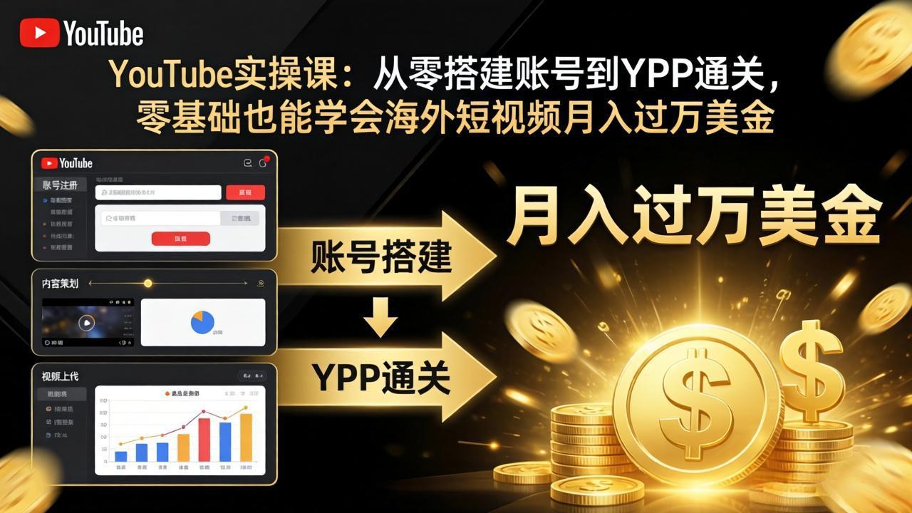 YouTube实操课：从零搭建账号到YPP通关，零基础也能学会海外短视频月入过万美金-云顶