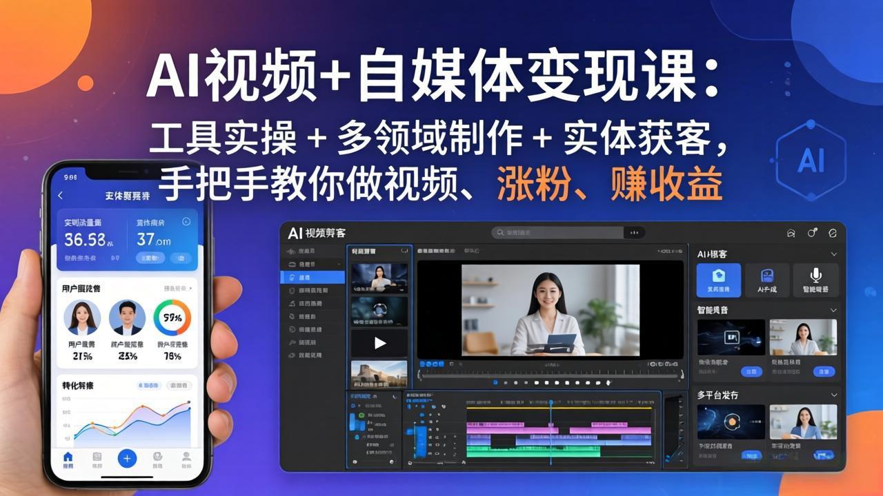 AI视频+自媒体变现课：工具实操 + 多领域制作 + 实体获客，手把手教你做视频、涨粉、赚收益-云顶