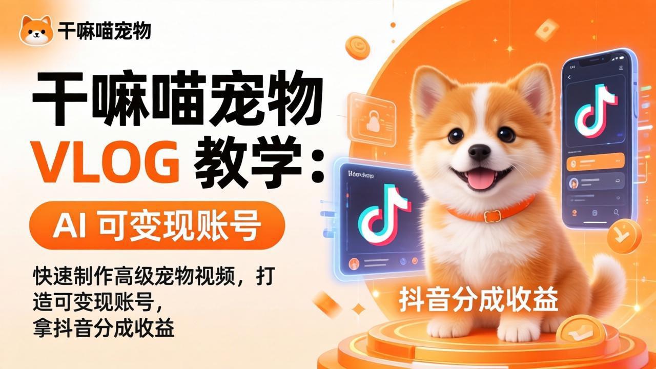 干嘛喵宠物 VLOG 教学:AI 快速制作高级宠物视频,打造可变现账号,拿抖音分成收益-云顶