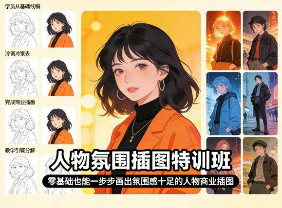 人物氛围插图特训班，零基础也能一步步画出氛围感十足的人物商业插图-云顶