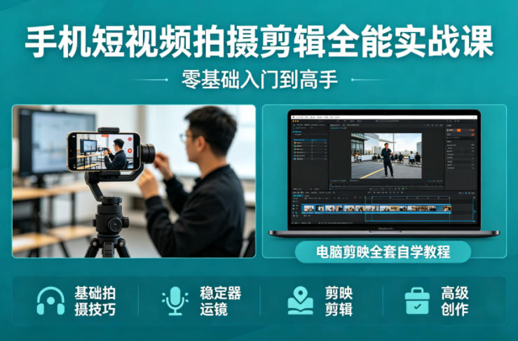 手机短视频拍摄剪辑全能实战课：零基础入门到高手，稳定器运镜+电脑剪映全套自学教程-云顶
