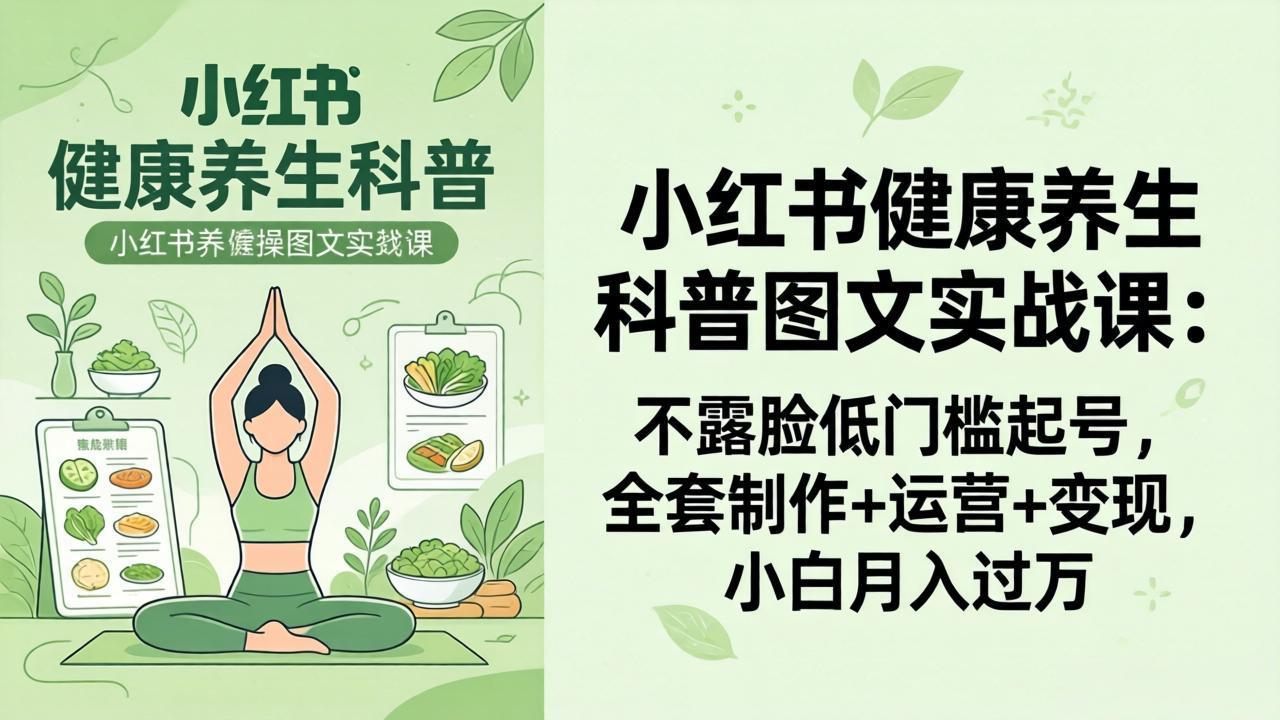 2026小红书健康养生科普图文实战课：不露脸低门槛起号，全套制作+运营+变现，小白月入过万-元界