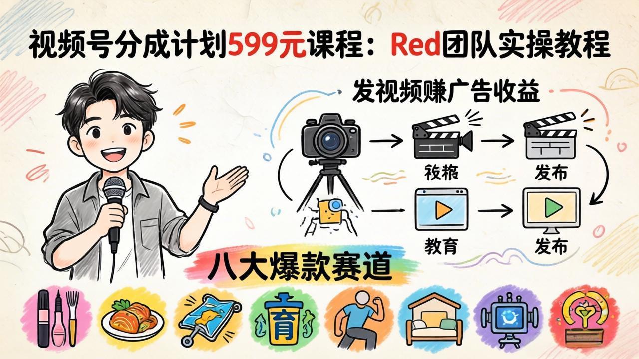 视频号分成计划599元课程：Red团队实操教程，发视频赚广告收益，八大爆款赛道全掌握-元界
