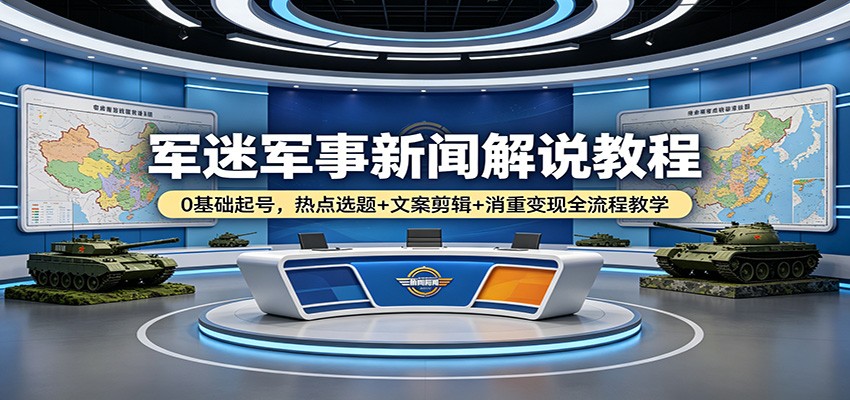 军迷军事新闻解说教程：0基础起号，热点选题+文案剪辑+消重变现全流程教学-元界