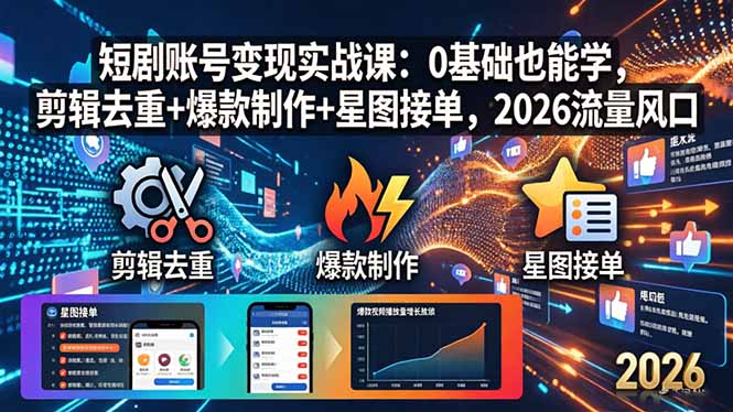 短剧账号变现实战课：0基础也能学，剪辑去重+爆款制作+星图接单，2026流量风口-元界