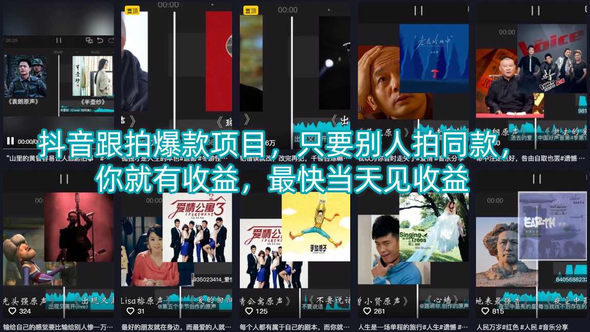 抖音跟拍爆款项目，只要别人拍同款，你就有收益，最快当天见收益-元界
