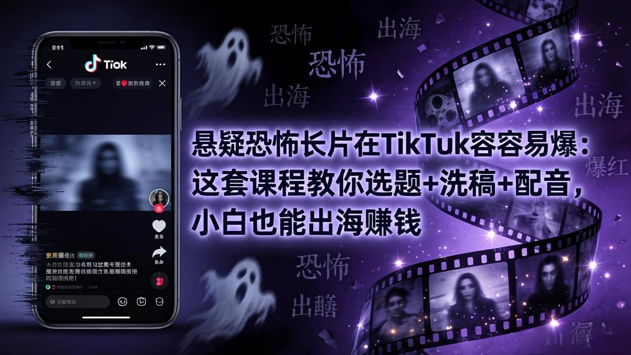 悬疑恐怖长片在TikTok最容易爆：这套课程教你选题+洗稿+配音，小白也能出海赚钱-元界