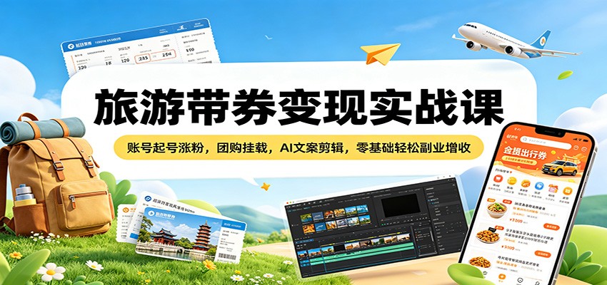 旅游带券变现实战课：账号起号涨粉，团购挂载，AI文案剪辑，零基础轻松副业增收-元界