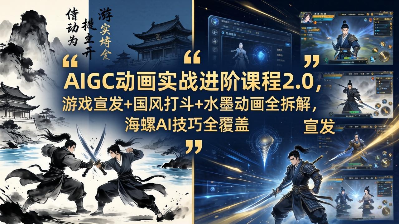 AIGC动画实战进阶课程2.0，游戏宣发+国风打斗+水墨动画全拆解，海螺AI技巧全覆盖-元界