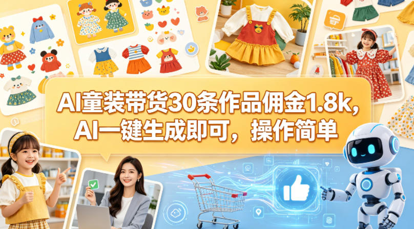 AI童装带货30条作品佣金1.8k，AI一键生成即可，操作简单-元界