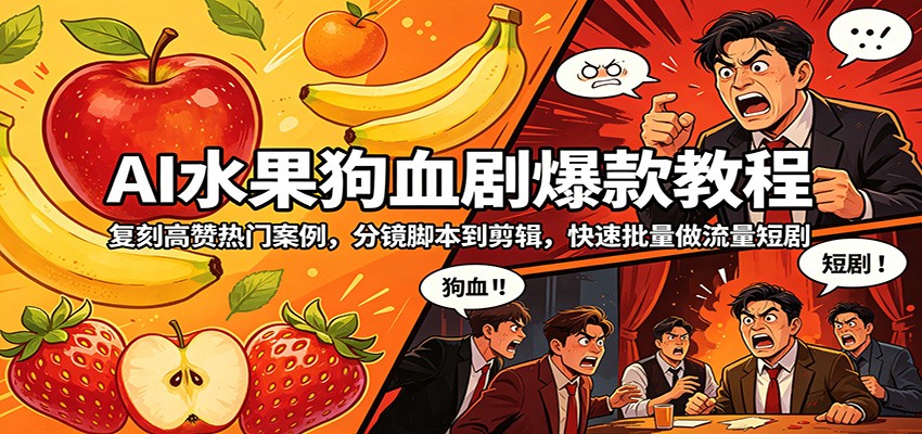 AI水果狗血剧爆款教程：复刻高赞热门案例，分镜脚本到剪辑，快速批量做流量短剧-元界